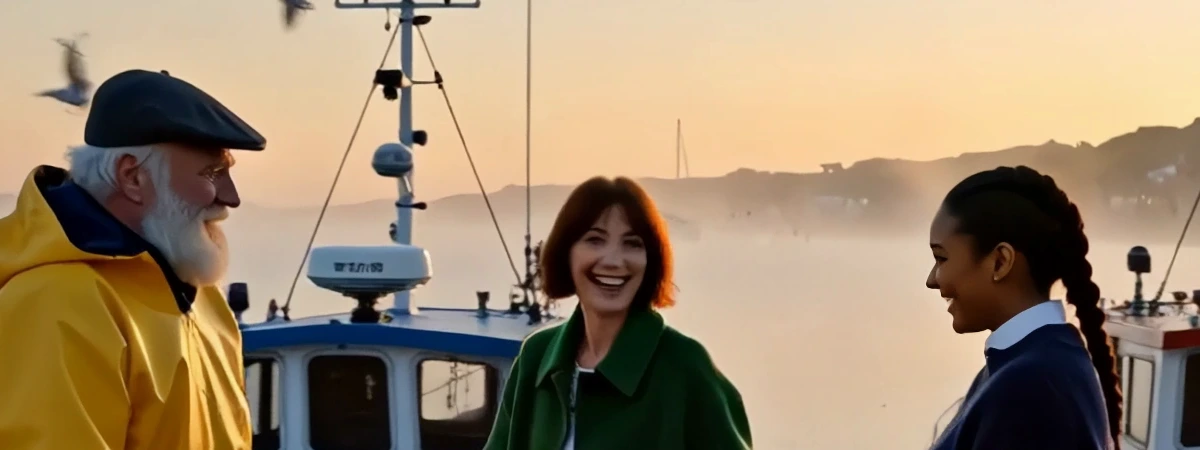 Fast harbour close-up: the old fisherman in a flat cap, Mara laughing and the young woman with a long braid, each face clear enough to read the expression