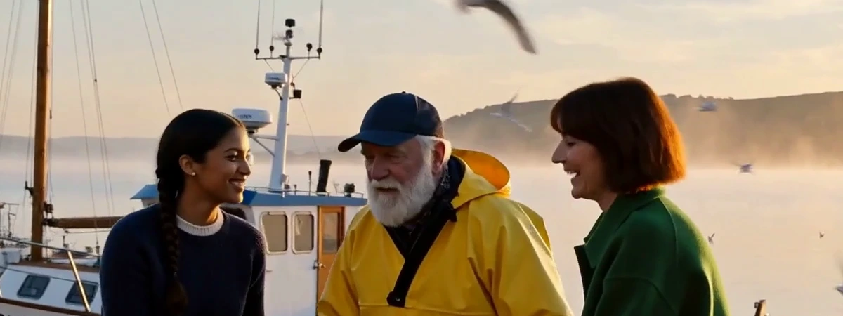 Max harbour close-up: the young woman, the old fisherman in a cap and Mara share a laugh over the crate, with the most detail in faces, hair and clothes
