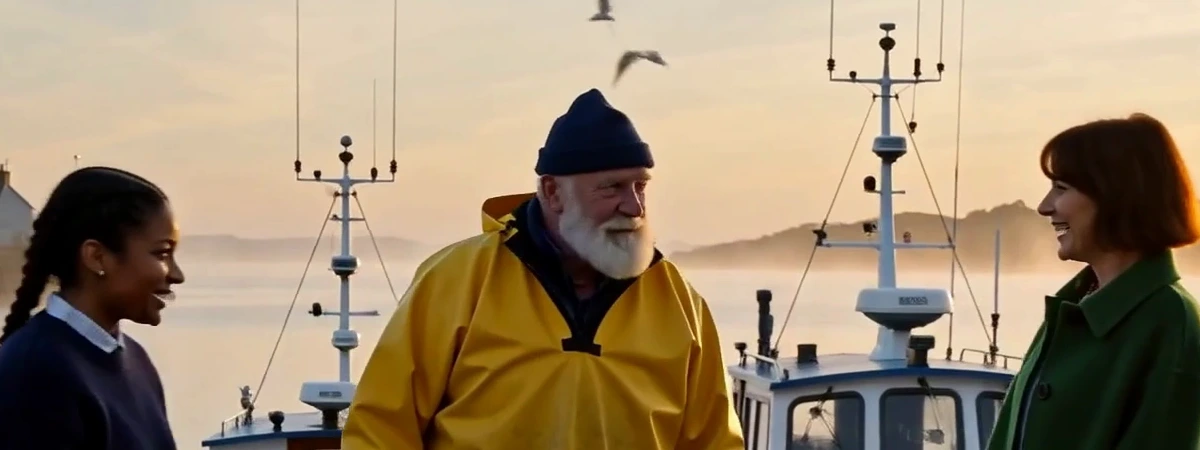 Omni harbour close-up: the young woman smiling, the old fisherman in a knitted hat with a full white beard, and Mara laughing, all crisp and clear