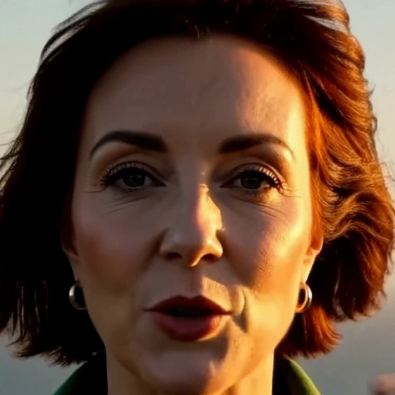 Fast close-up of Mara speaking: sharper eyes, brows and hoop earrings, with some texture in her skin