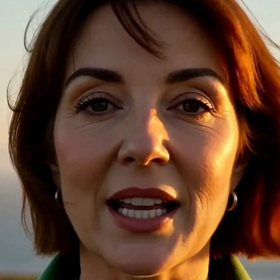 Max close-up of Mara speaking: detail close to Omni, with more natural skin texture and loose strands of hair across her forehead