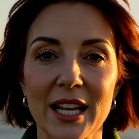 Omni close-up of Mara speaking: distinct eyelashes, clear teeth and fine lines around her eyes