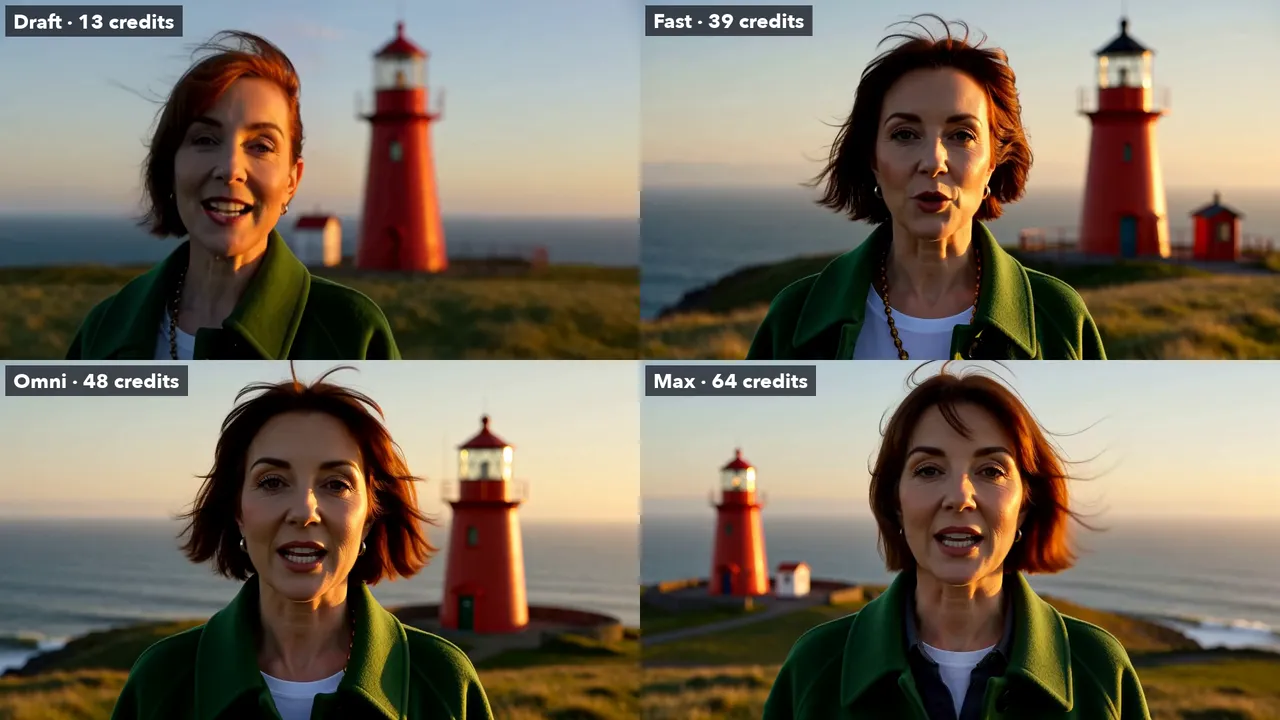 Four versions of the same close-up of a woman speaking on a clifftop with a red lighthouse behind her, labelled Draft, Fast, Omni and Max with their credits